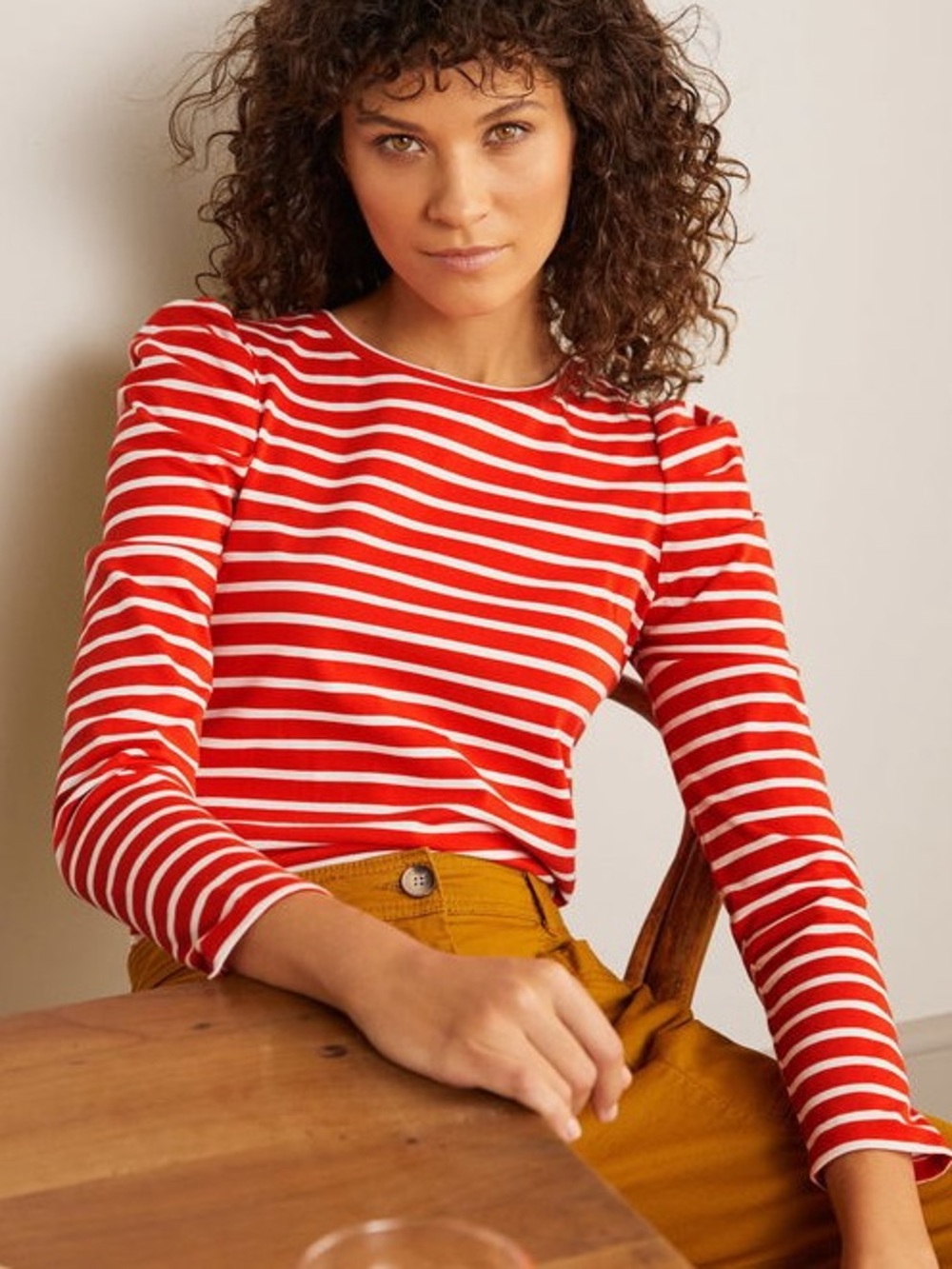 Boden Red & White Striped Puff-Shoulder Long-Sleeve Top